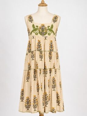 Sister Mary Beige Floral Embroidered Tiered Midi Dress with Green Accents